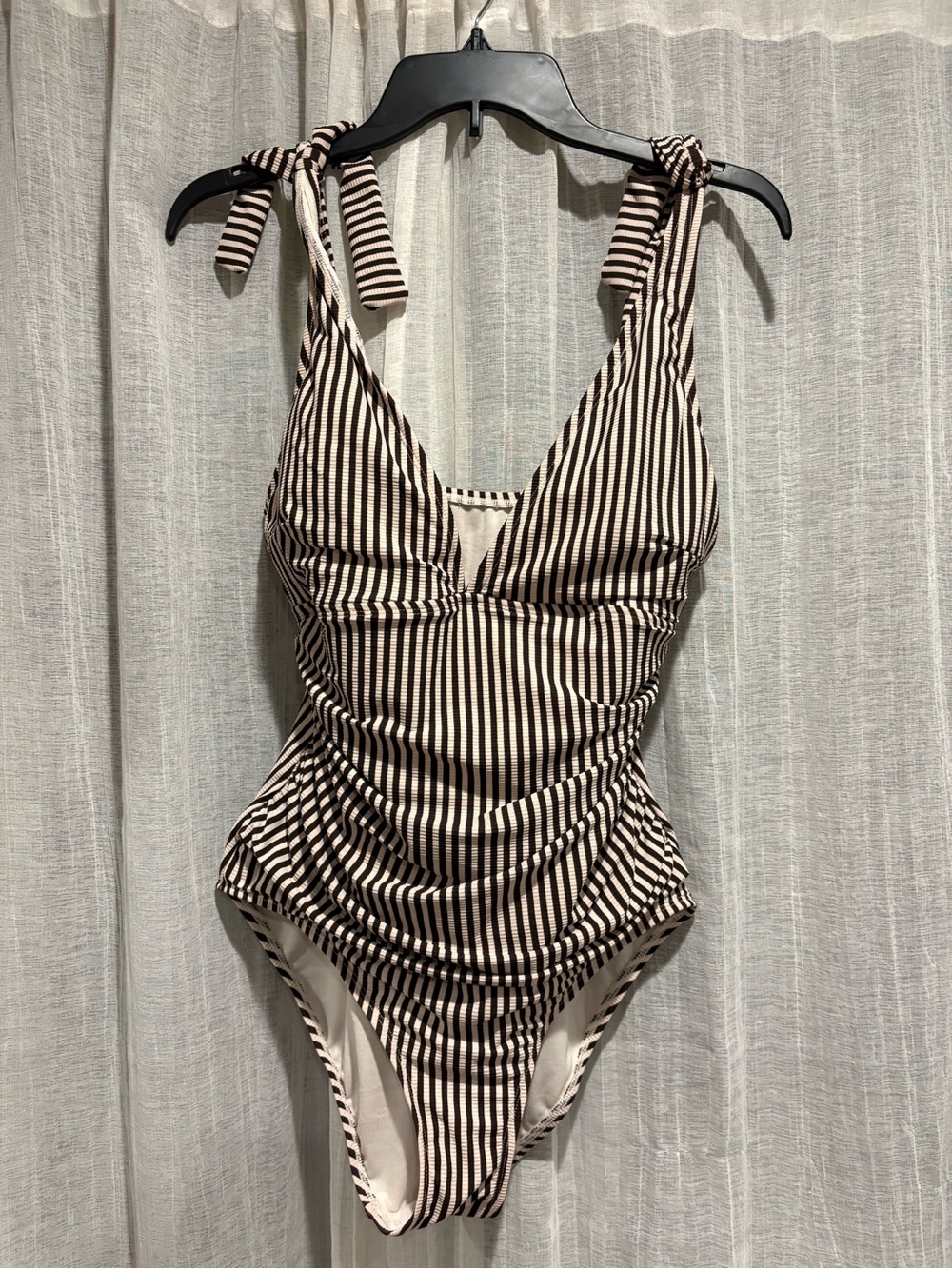 Striped Tie-Shoulder One-Piece Swimsuit in Black and Cream